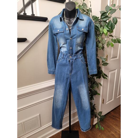 Women's Jumpsuit Small Blue Denim Long Sleeves Button Front Elastic Waist - Picture 1 of 14